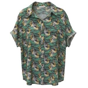 NY Collection Womens Tropical Palm Leaf Button Down Shirt Green XL RJB4716